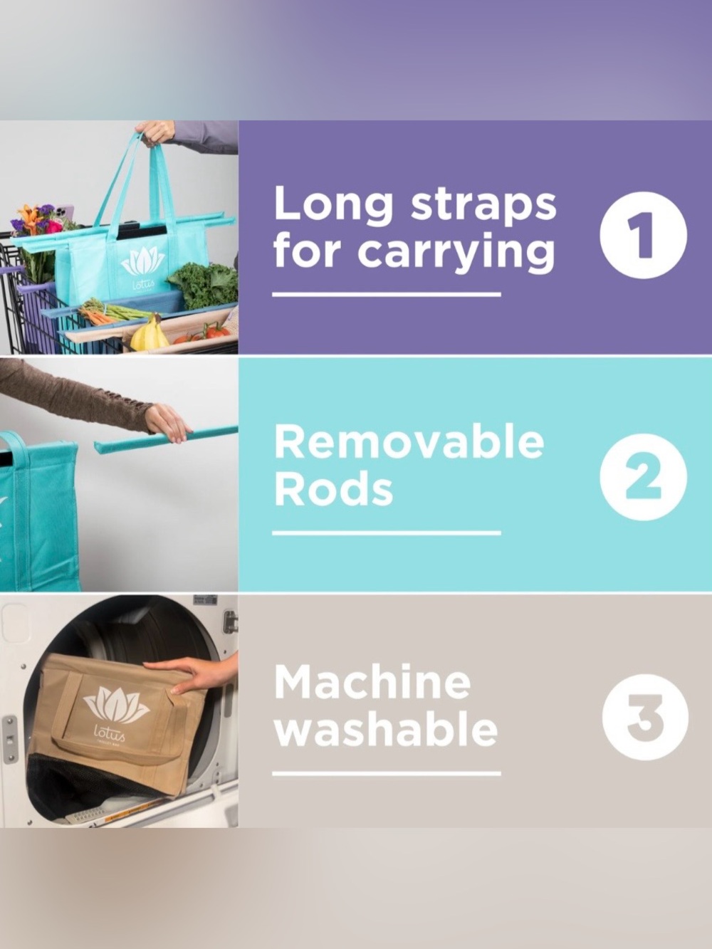Lotus Trolley Bags Reusable Grocery Cart Bags |4-Pack Shopping Bag Organizer NWT - Picture 4 of 13